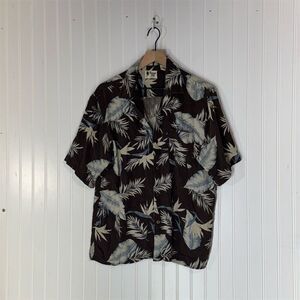 Vintage Silk 100% Silk Hawaiian Shirt M Brown Blue‎ Leaf Aloha Y2K Islandcore